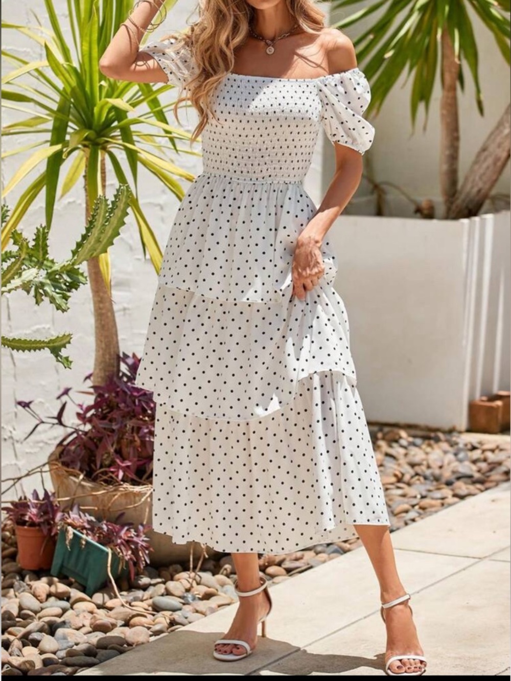 Black and White Polka Dots Print Tiered Midi Dress